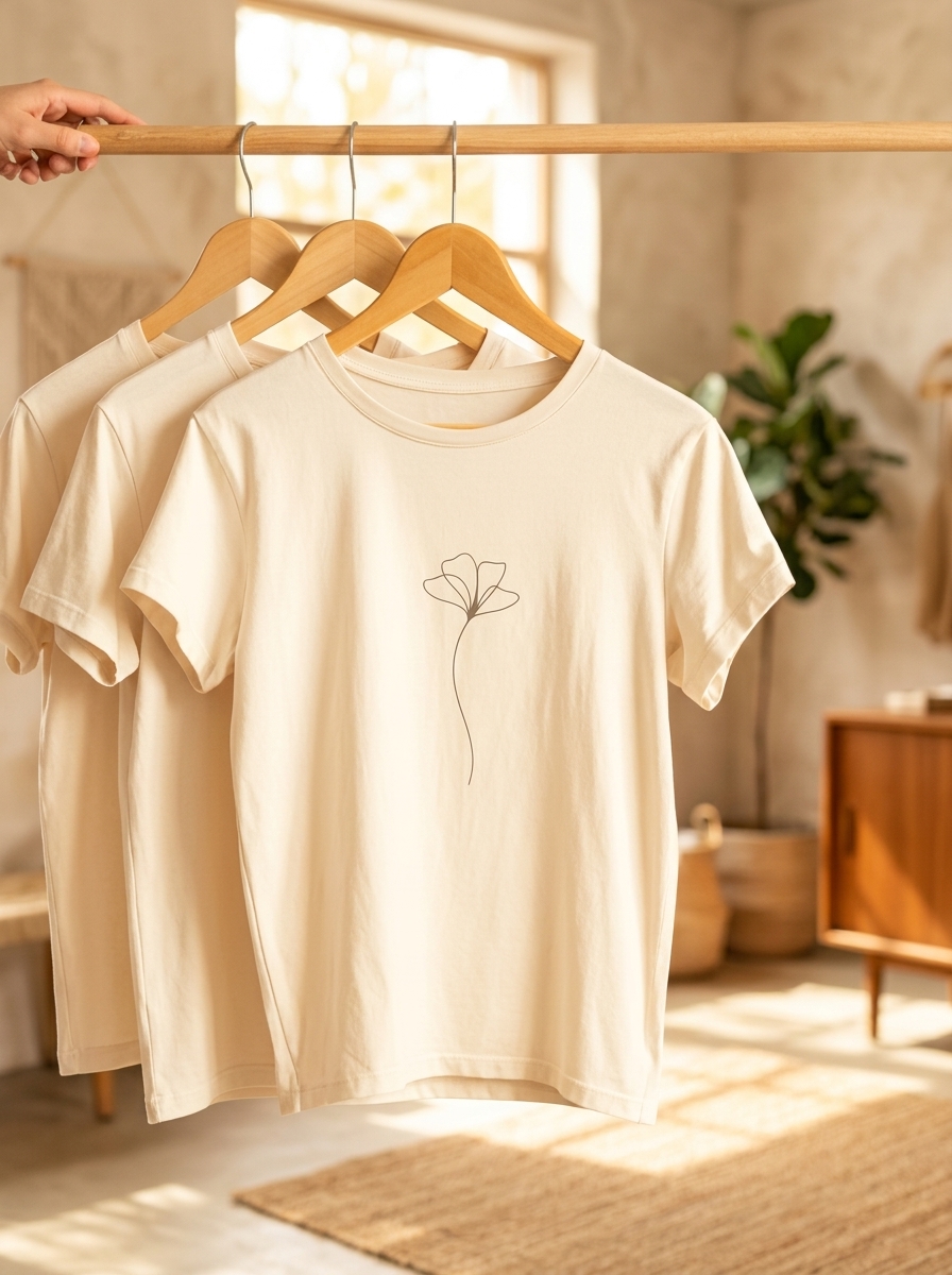 Minimalist wildflower tees hanging in our sunlit studio