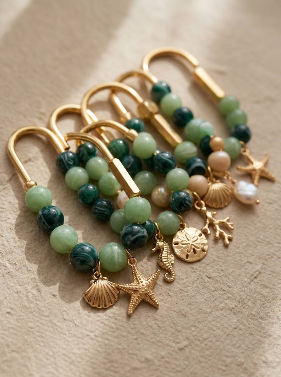 Multiple handcrafted beaded bag charms styled together