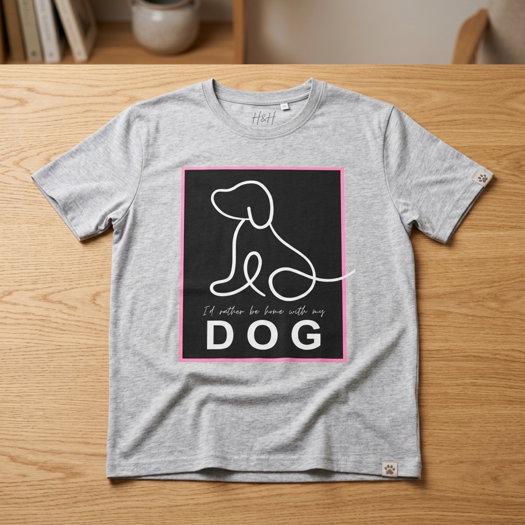 Same dog illustration graphic tee shown in a heather grey colorway