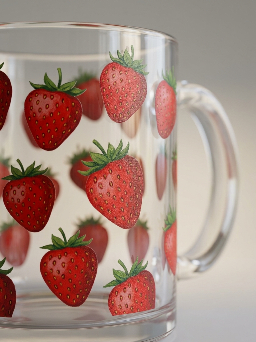 Close-up of strawberry decals on clear borosilicate glass