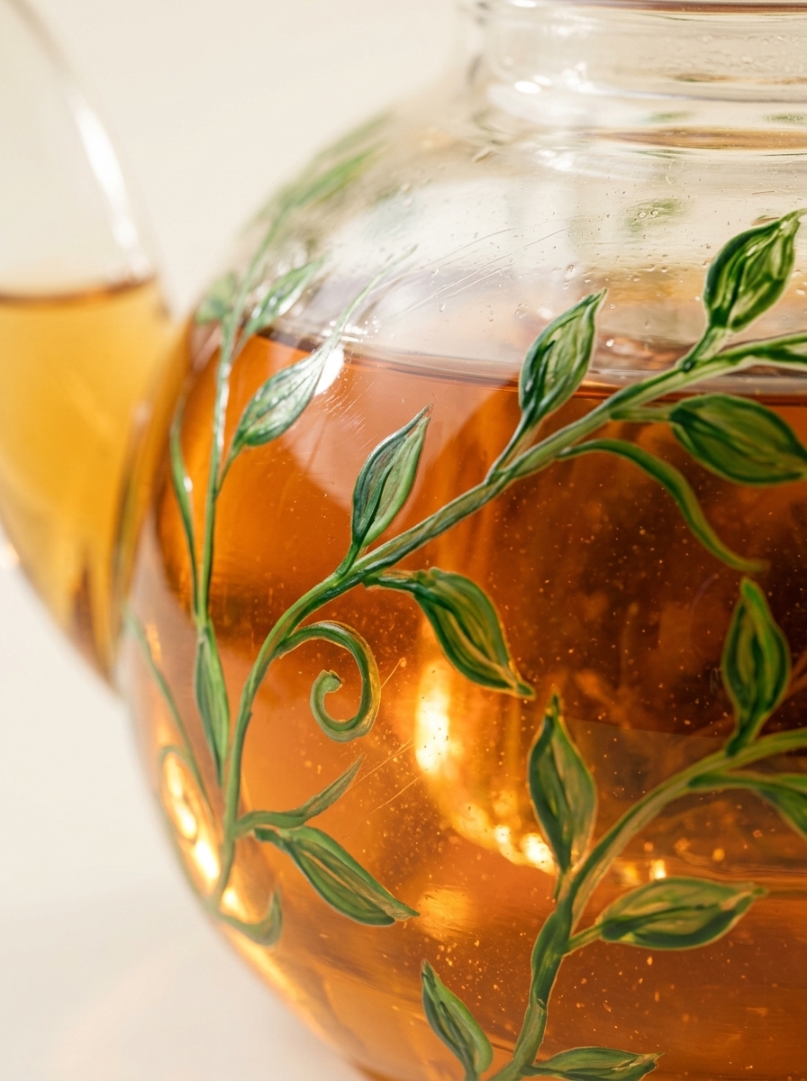 Close-up of the hand-painted green floral vines on the glass surface