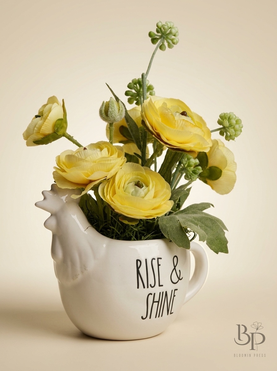 Yellow ranunculus in a white ceramic hen vase that reads 'Rise & Shine'