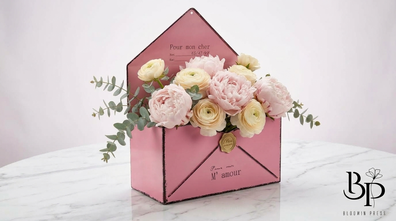Pink peonies and ranunculus in a pink metal envelope-shaped planter