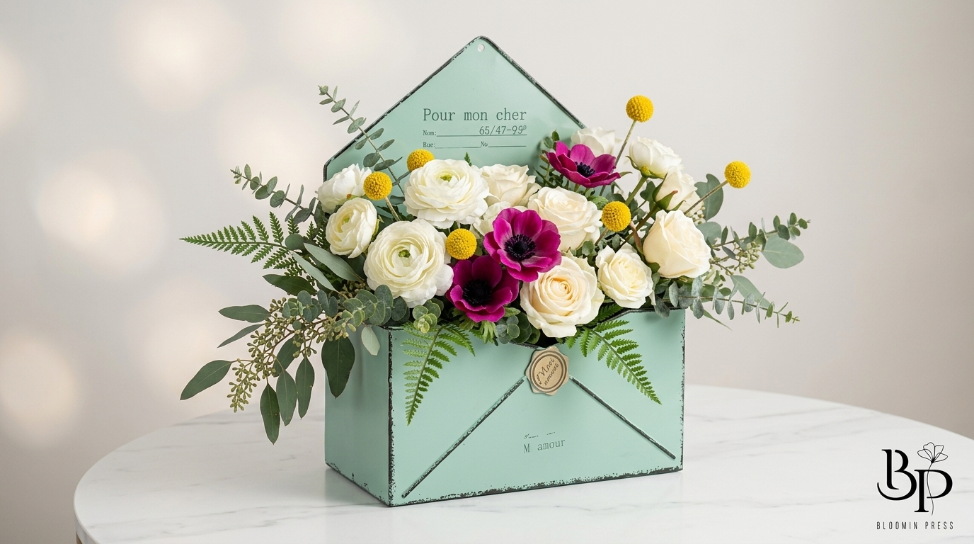 Cream ranunculus, magenta anemones and ferns in a mint envelope-shaped planter