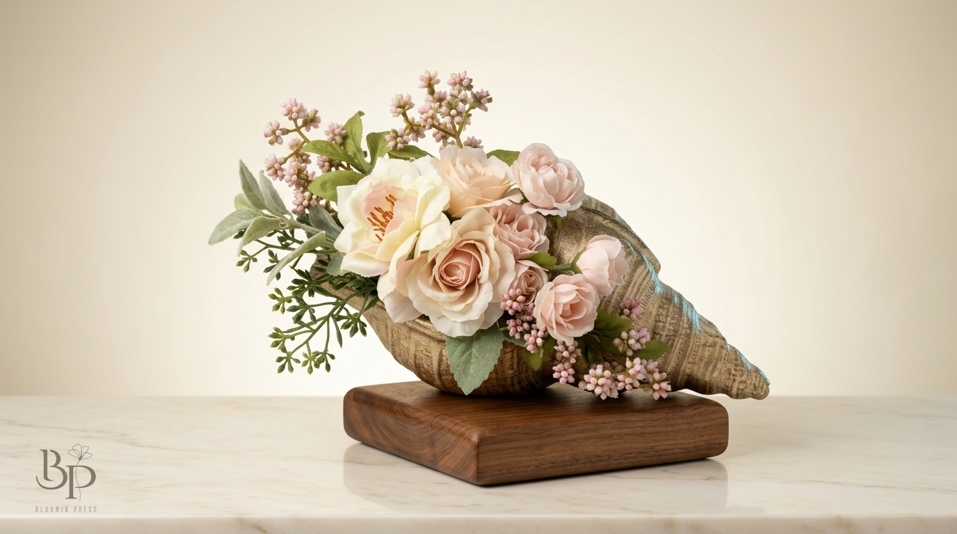 Soft pink roses and blossoms spilling from a seashell on a wooden base