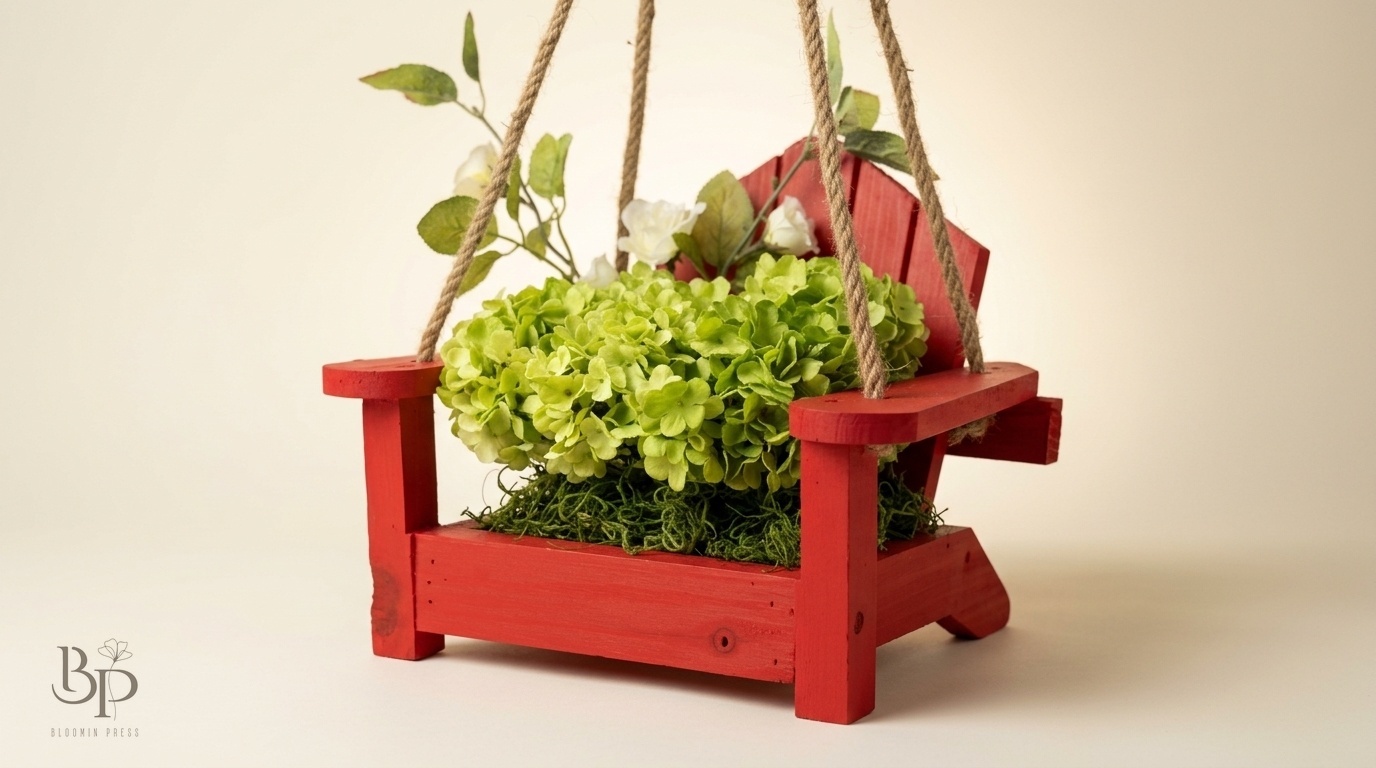 Green hydrangea in a small red Adirondack chair hung from rope