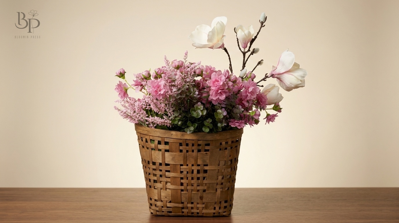 Pink and white blooms in a dark woven basket