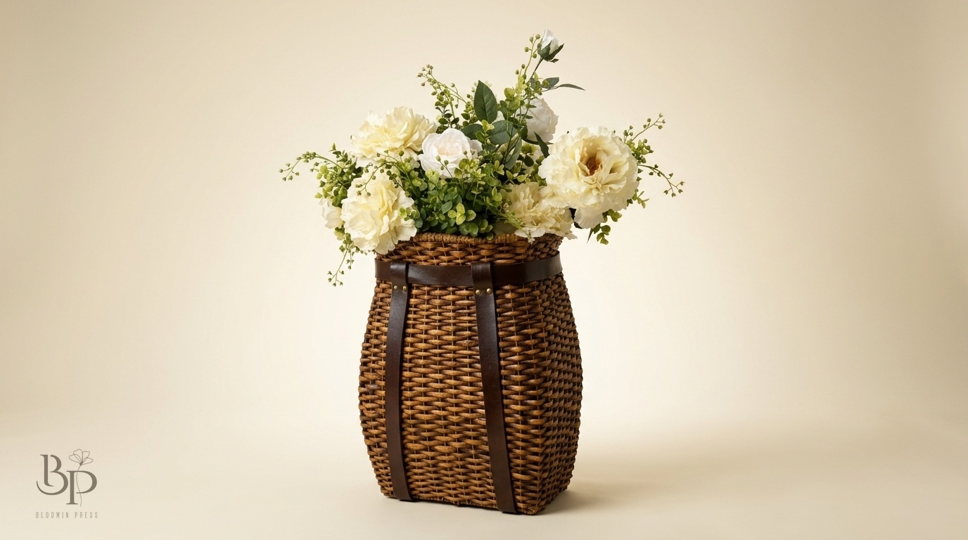 Cream roses and greenery in a tall woven basket
