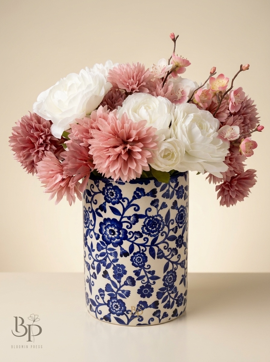 Pink dahlias and white roses in a blue-and-white patterned vase