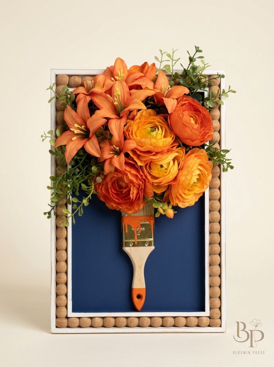 Orange lilies and ranunculus on a paintbrush mounted in a navy frame with a wooden bead border