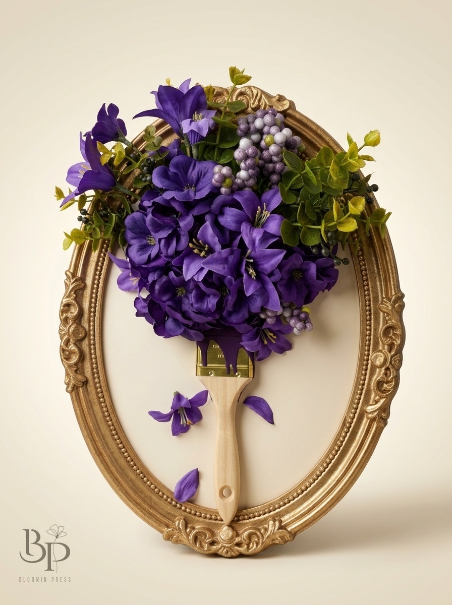 Purple hydrangea and berries arranged on a hand paintbrush inside an ornate oval gold frame