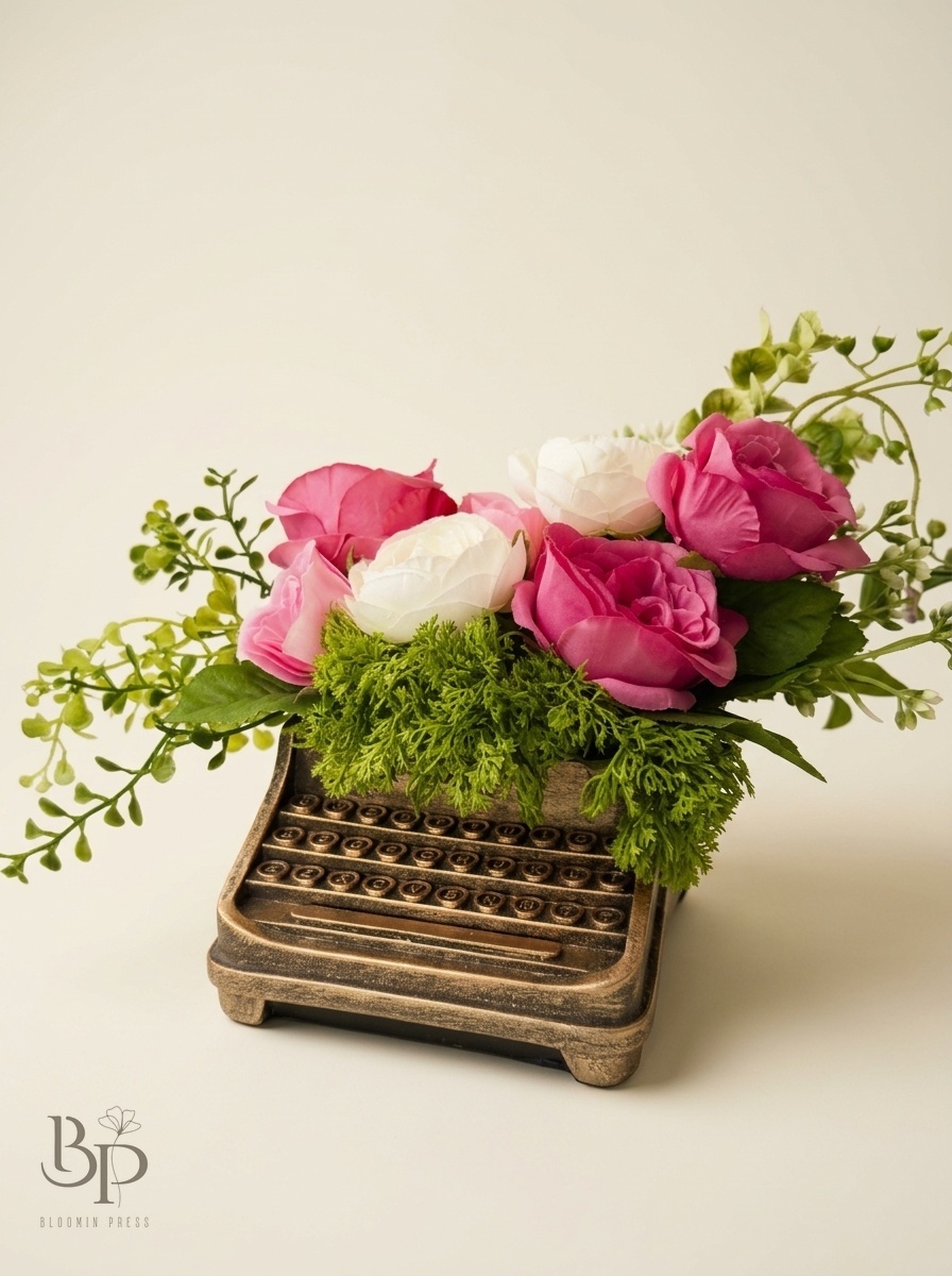 Pink and white roses with moss on a vintage typewriter