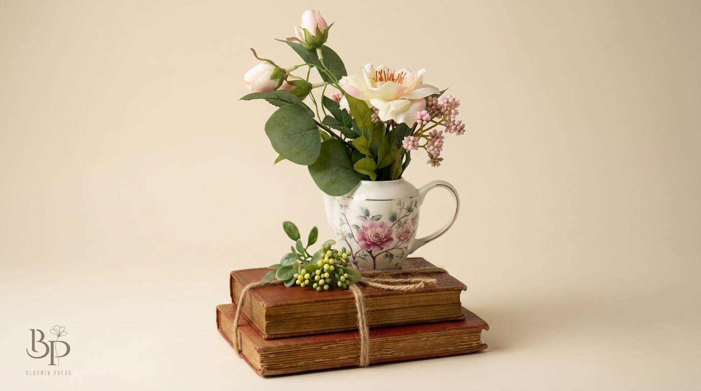 Roses in a small floral teapot resting on stacked vintage books