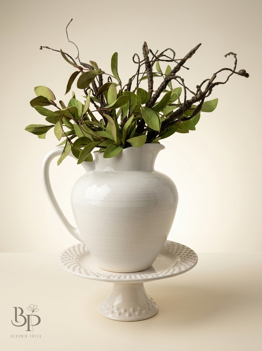 Branches and greenery in a white pitcher on a scalloped cake stand