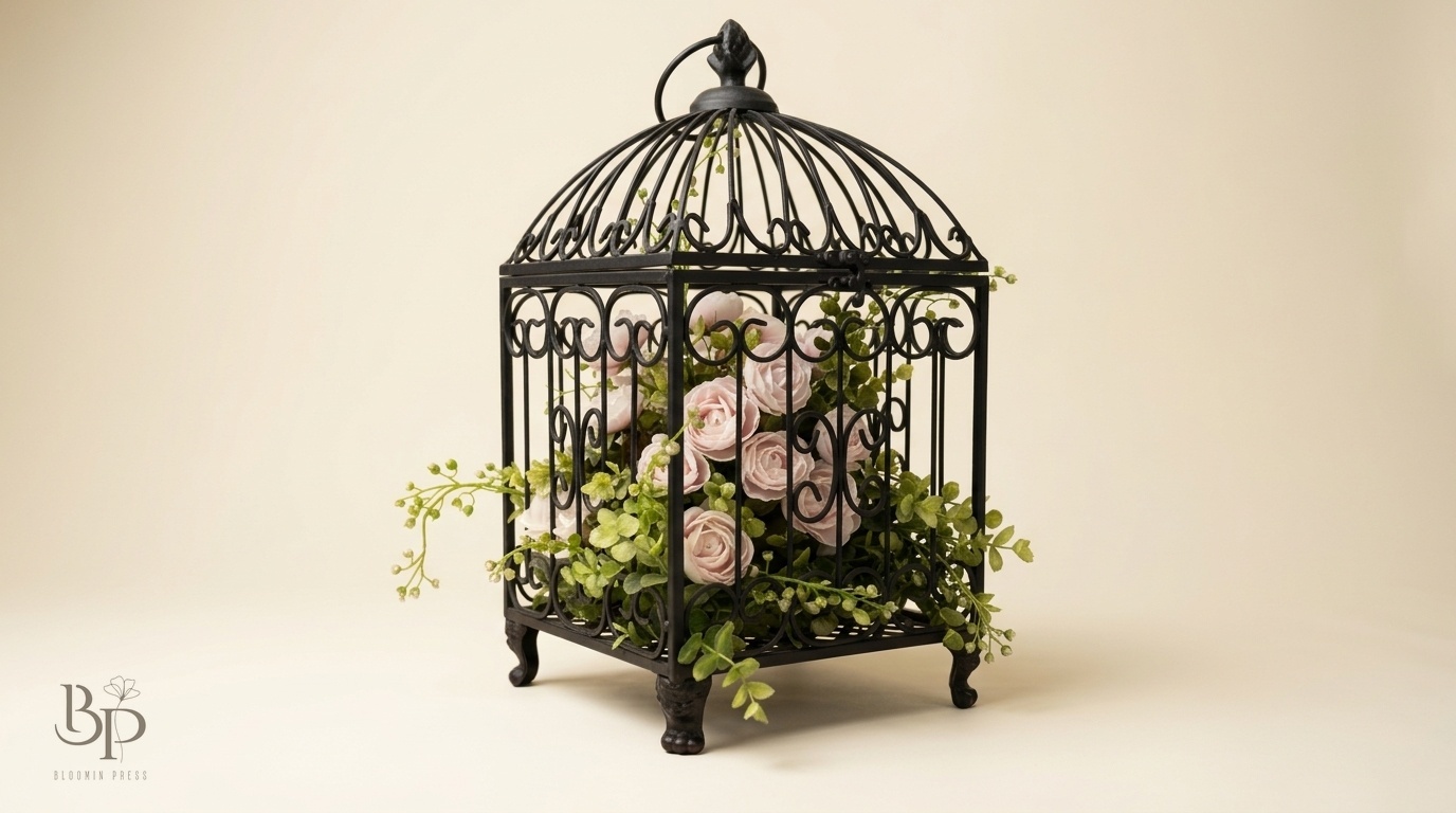 Pink roses and greenery tucked inside a black iron birdcage