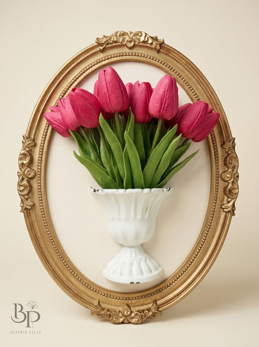Pink tulips in a white vase set inside an ornate oval gold frame