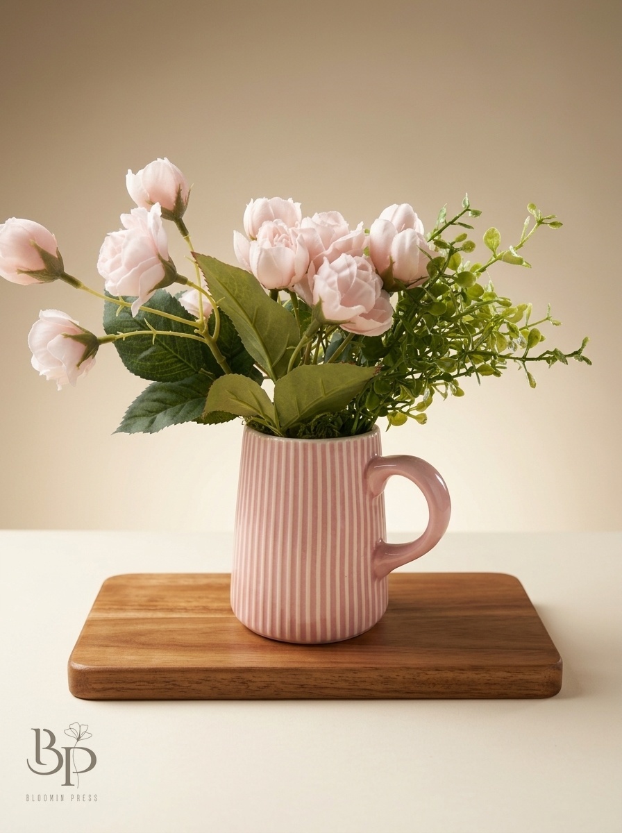 Soft pink roses in a ribbed pink pitcher on a wooden board
