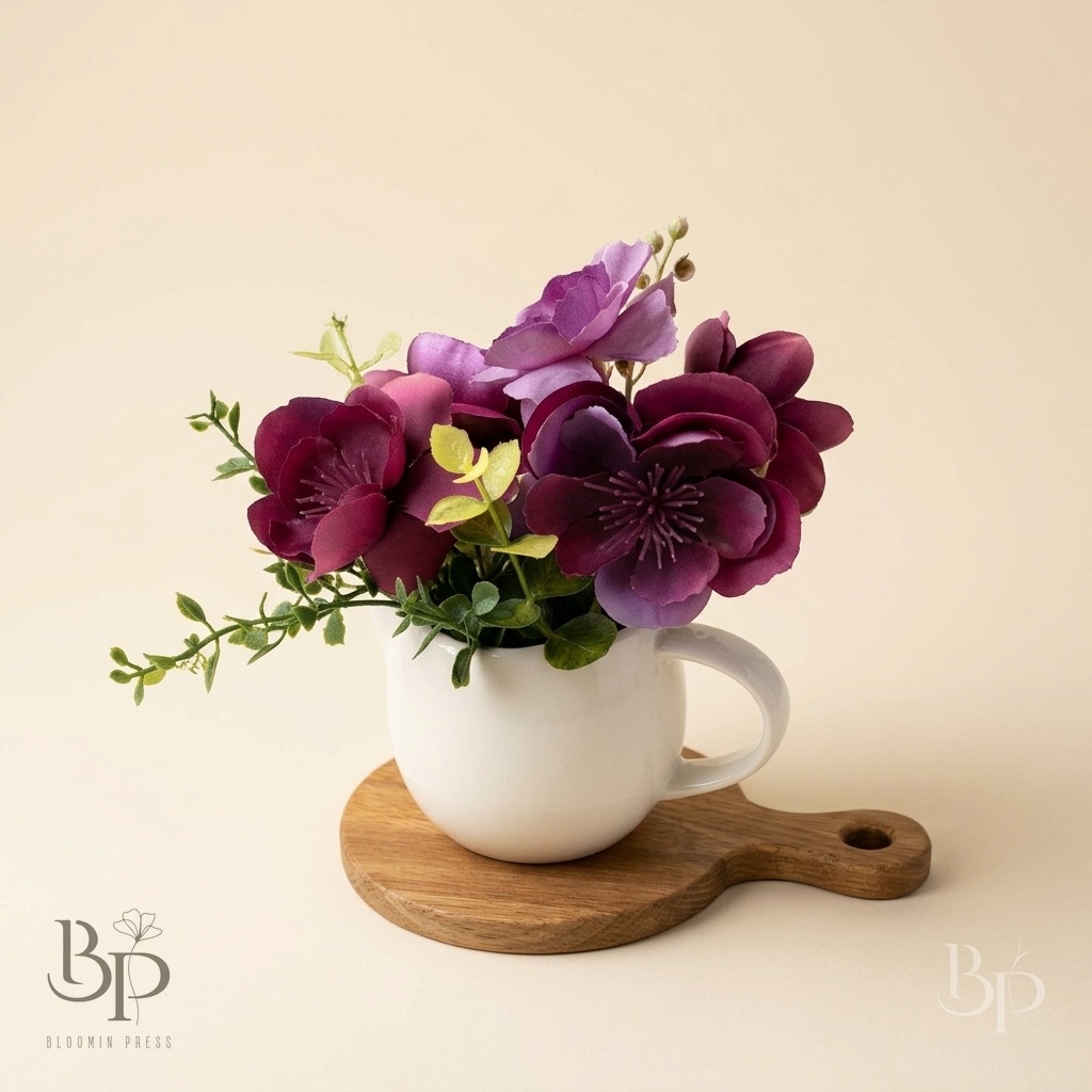 Deep plum flowers in a white mug on a round wooden board
