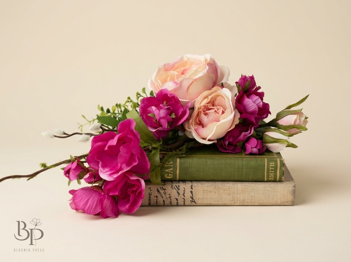 Magenta and blush roses and blossoms resting across a stack of two vintage books