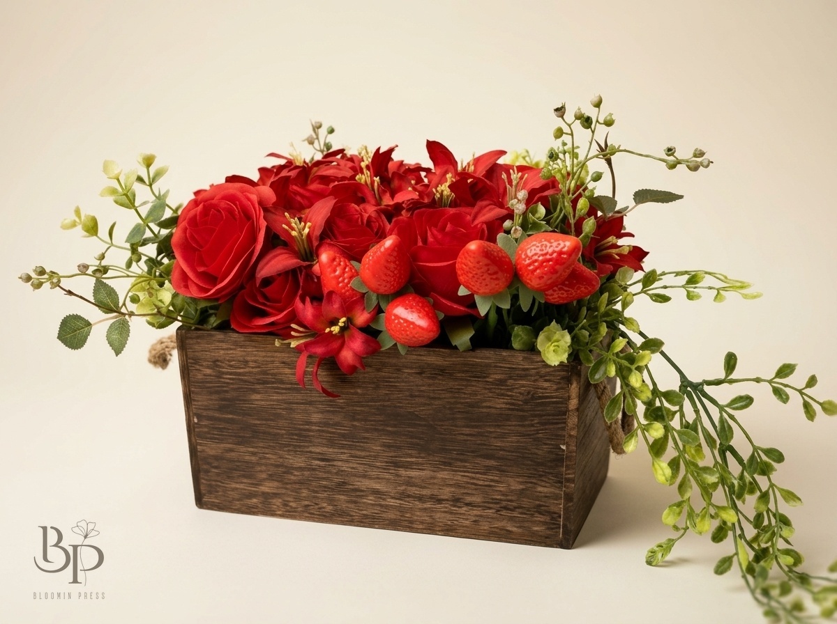 Red roses and lilies with fresh strawberries in a rustic wooden planter box