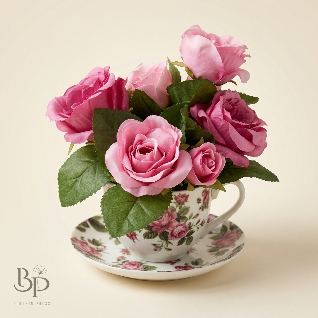 Pink roses arranged in a floral china teacup and saucer