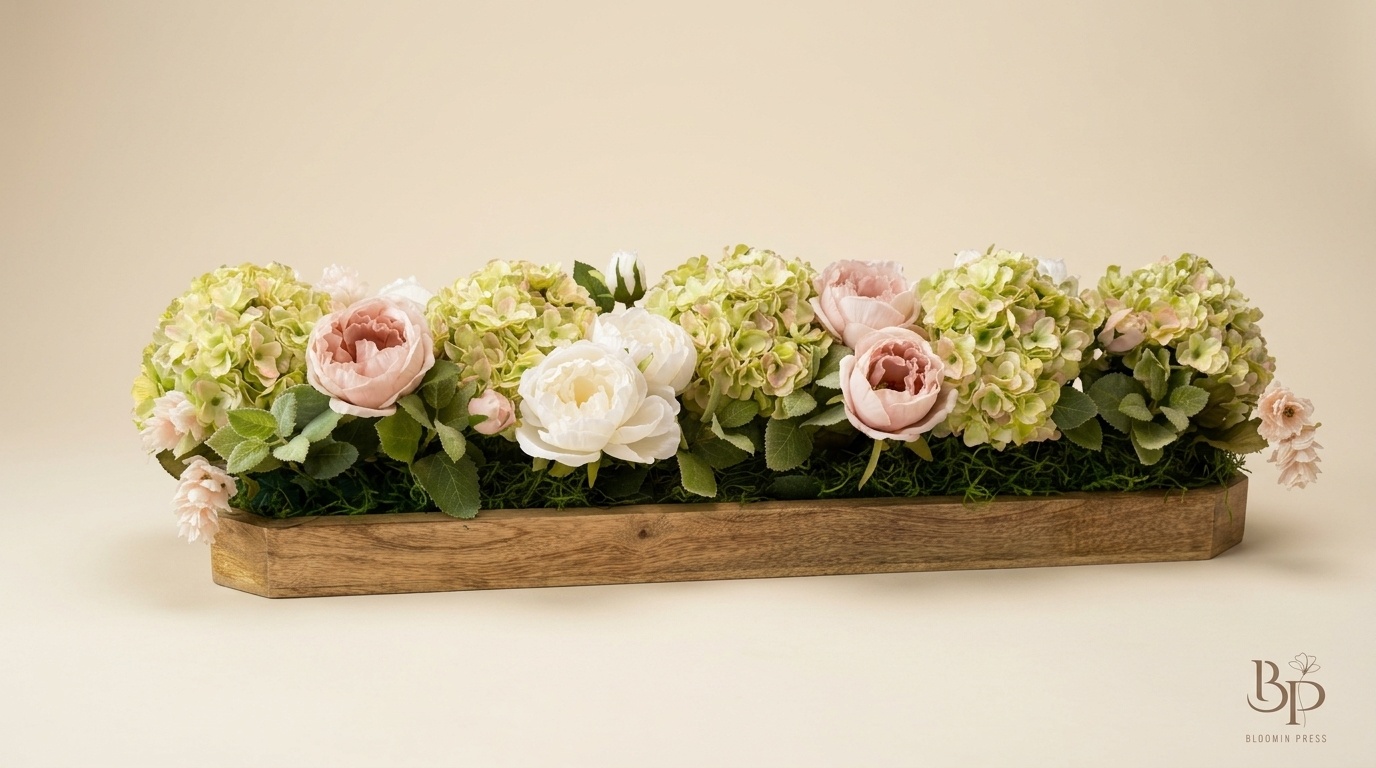 Low arrangement of hydrangea and blush ranunculus in a rustic wooden trough