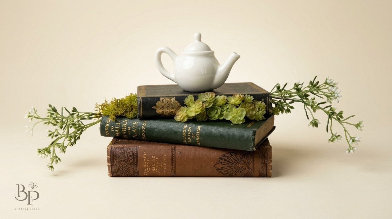 Greenery and blossoms trailing around a stack of antique books topped with a white teapot