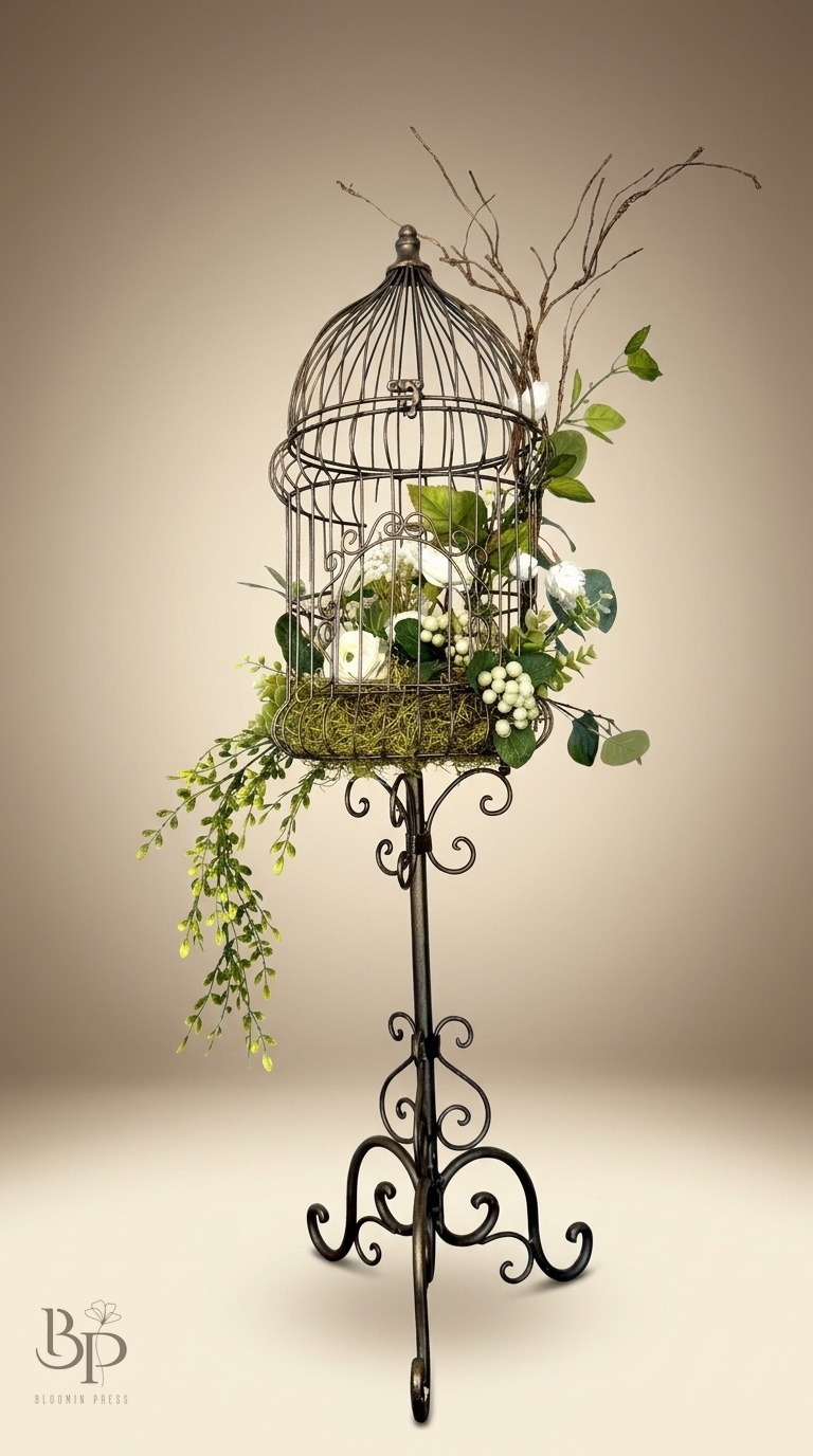 Vines and white blossoms climbing a birdcage on a black wrought-iron stand