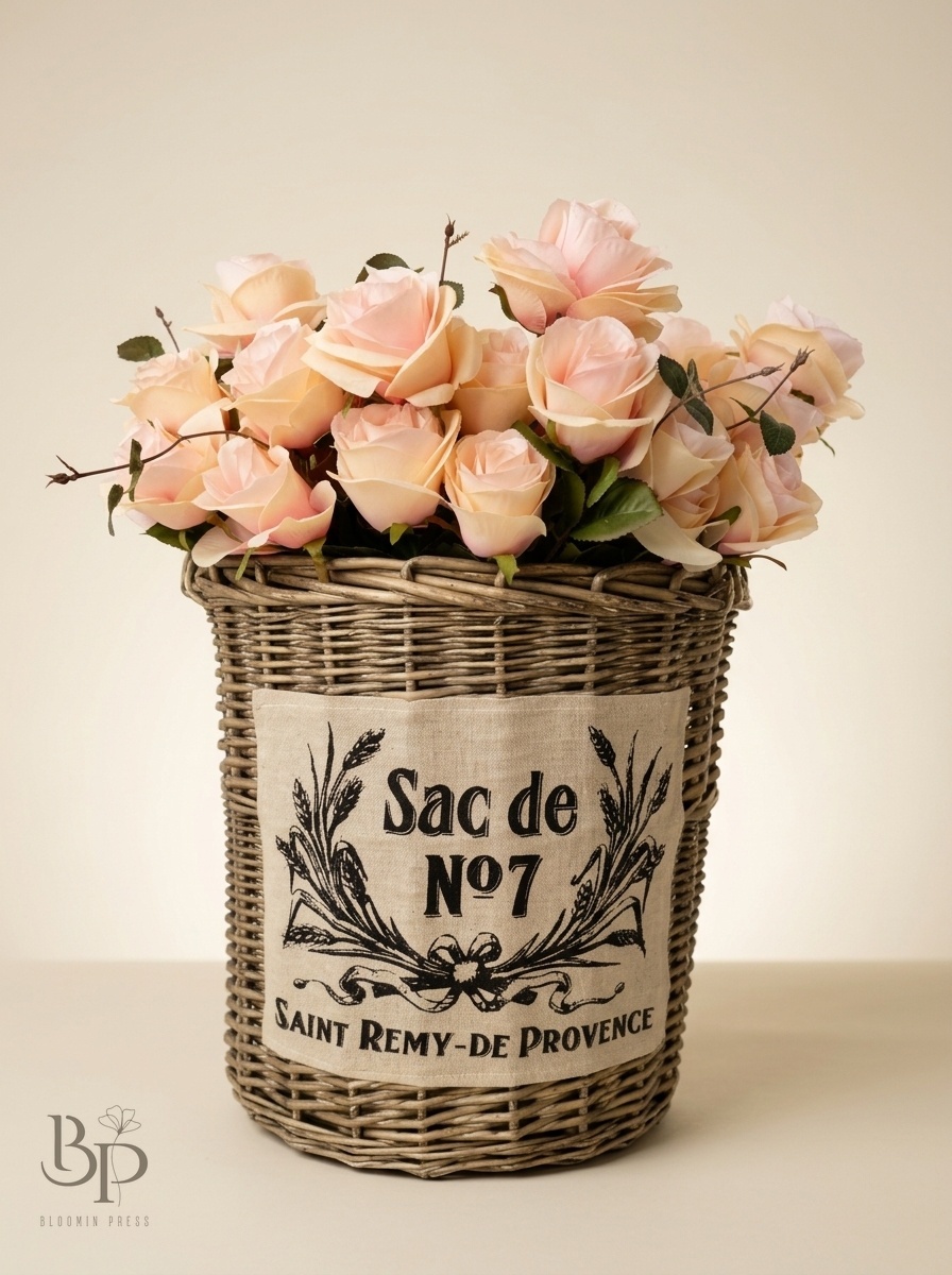 Peach roses in a woven basket with a French 'Sac de N°7' label