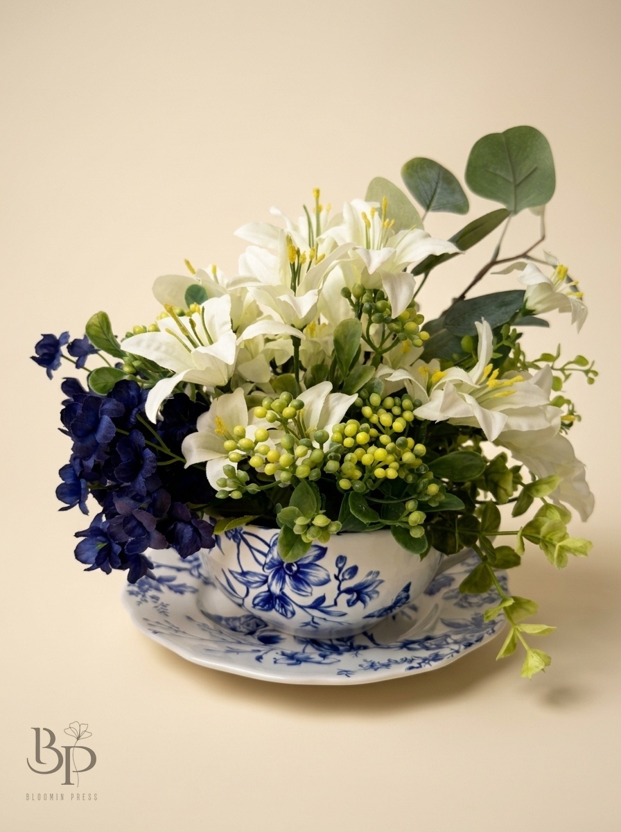 White lilies and navy flowers in a blue-and-white china teacup