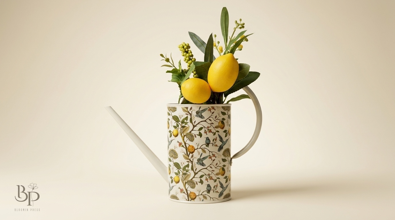 Lemon sprigs in a patterned pitcher shaped like a watering can