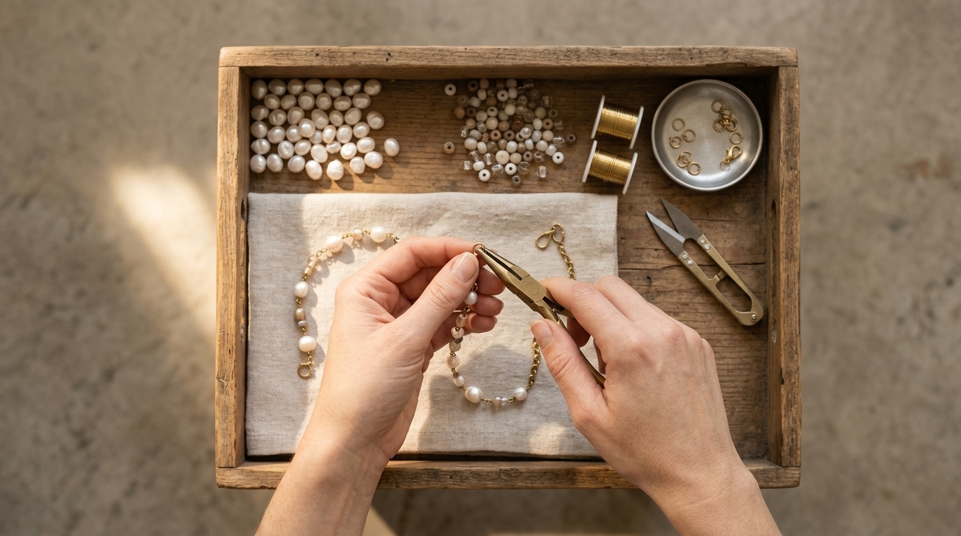 Hands of an artisan crafting a beaded bag charm over a wooden workspace tray of pearls