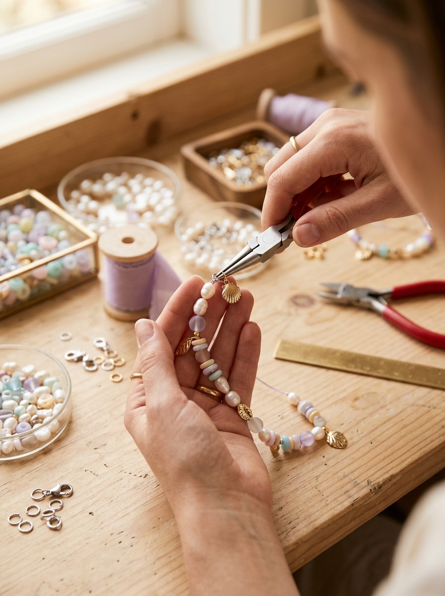 The maker's hands using pliers to assemble a beaded bag charm over a workspace tray of pearls and beads