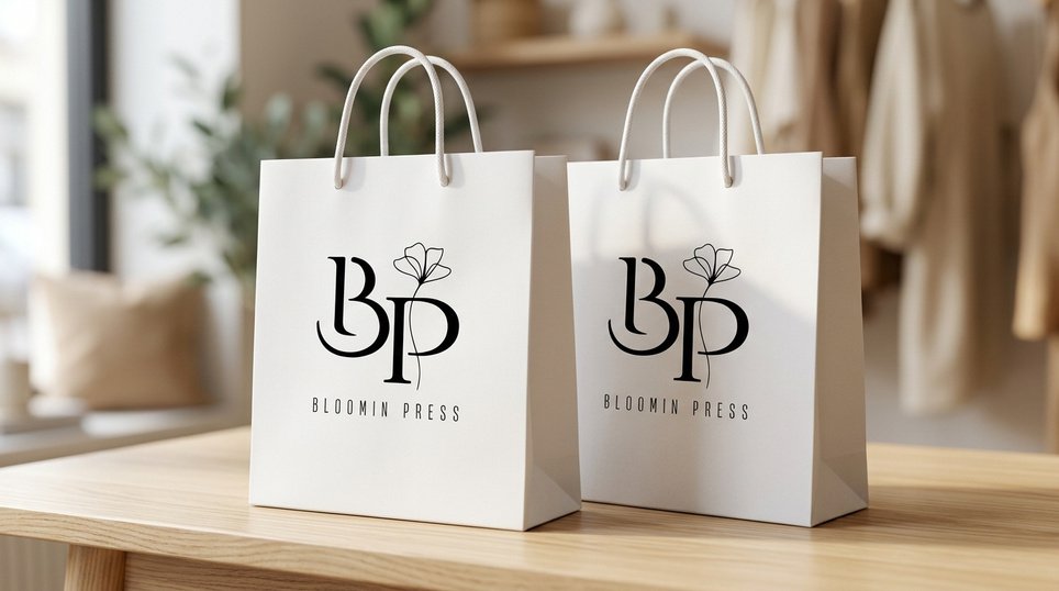 Two white Bloomin Press paper gift bags with the BP logo, standing on a wooden table