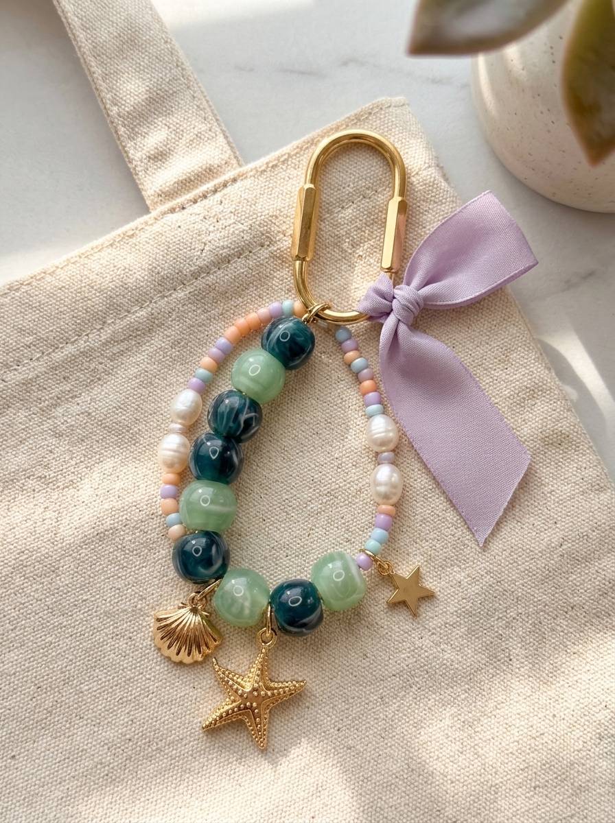 Handcrafted pastel beaded bag charm with gold charms and a lilac silk ribbon draped on a canvas bag