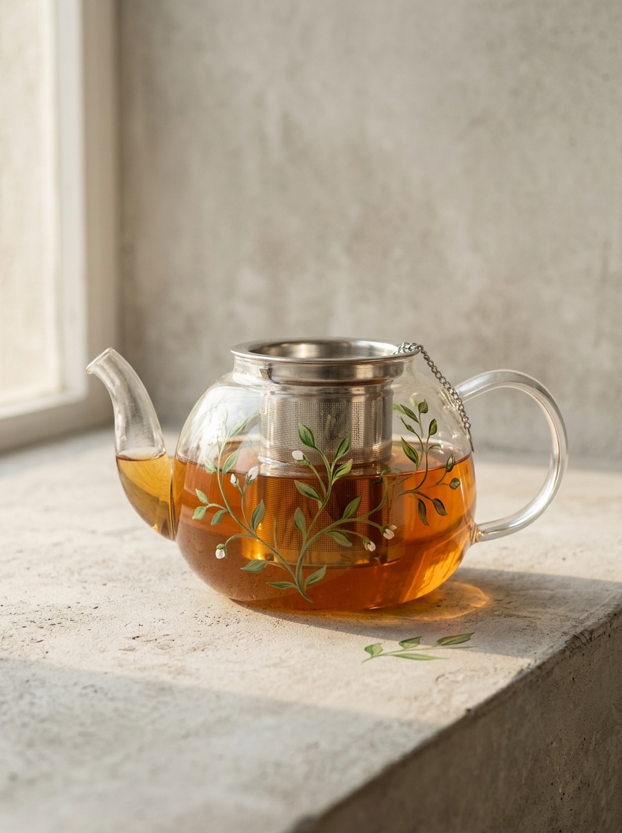 Delicate glass teapot with hand-painted wildflower vines and built-in steel strainer