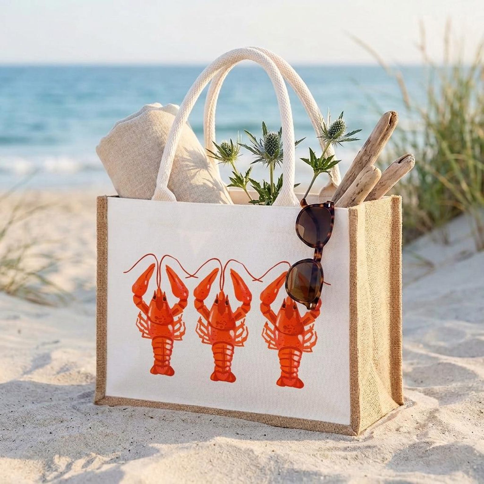 Burlap tote bag printed with a crawfish design