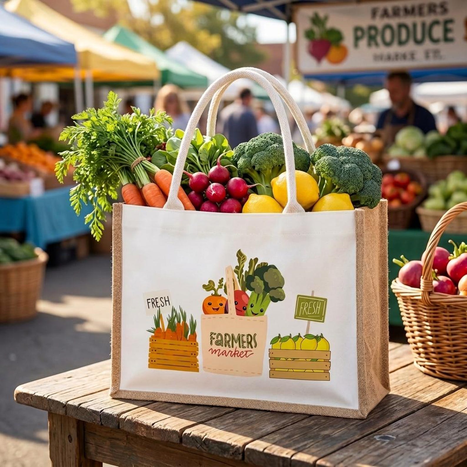 Burlap tote bag printed with a farmers market design