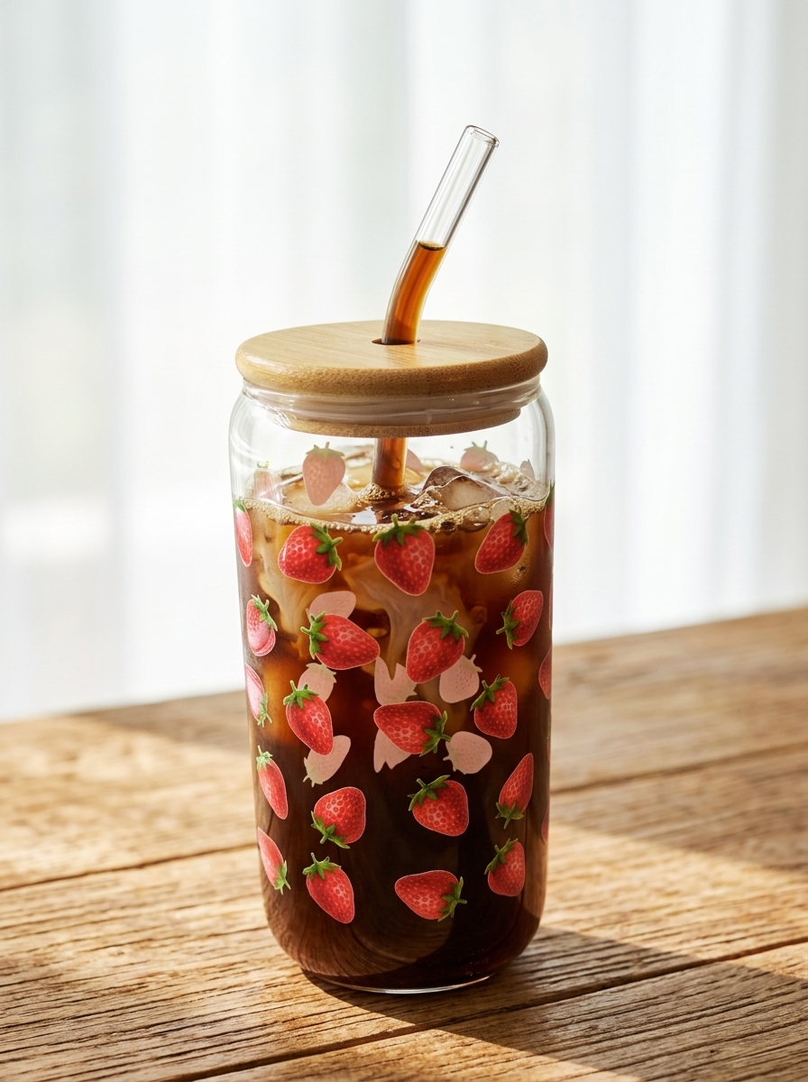 Sleek clear glass can mug with a bamboo lid and glass straw, printed with strawberry decals