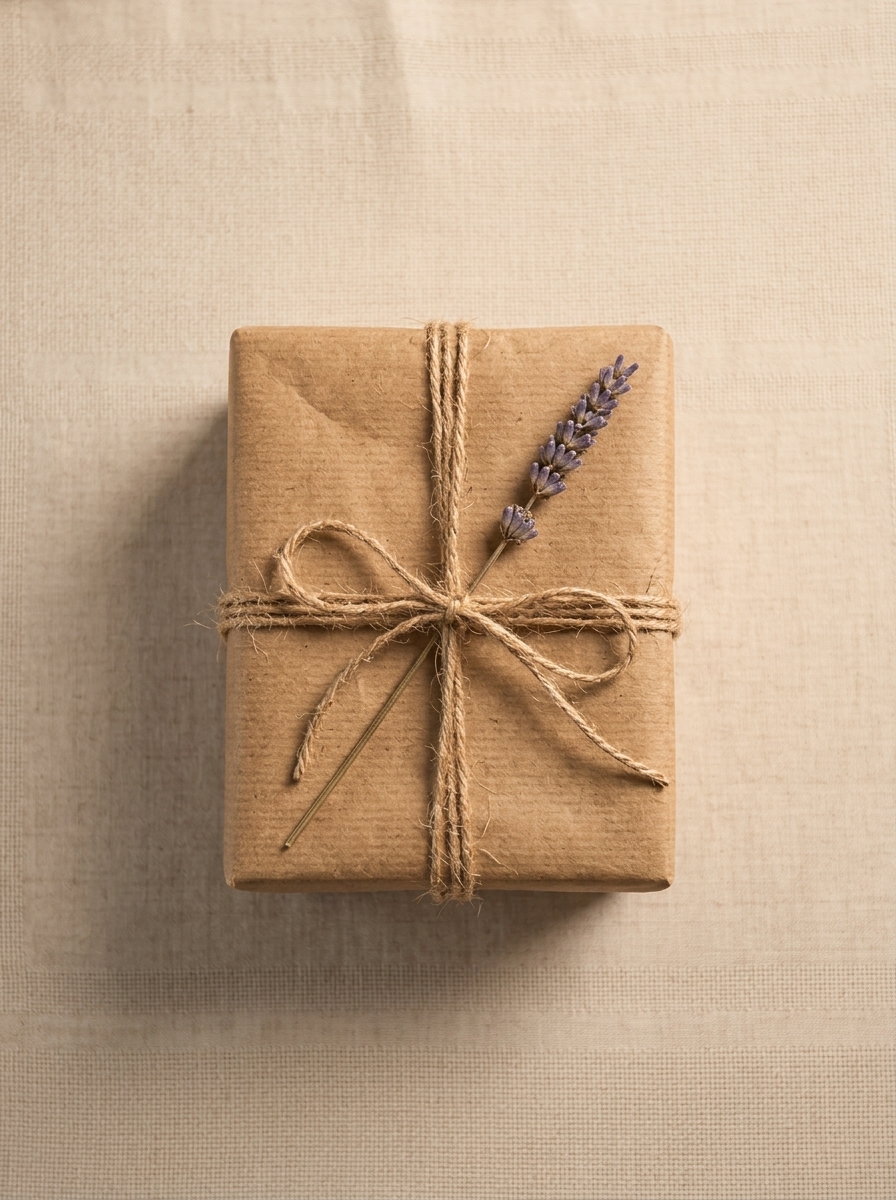 A gift box wrapped beautifully in textured kraft paper and tied with jute twine and a dried lavender sprig